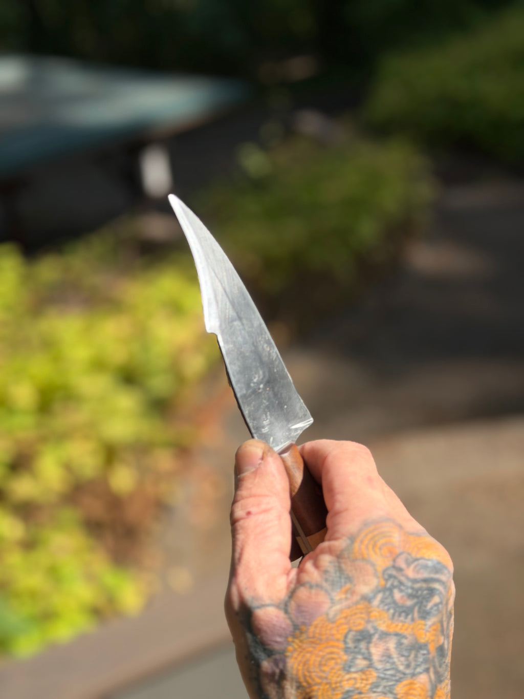 A hand with orange and blue tattoos holds a small, curved silver knife blade against a blurred outdoor background of greenery and a path.