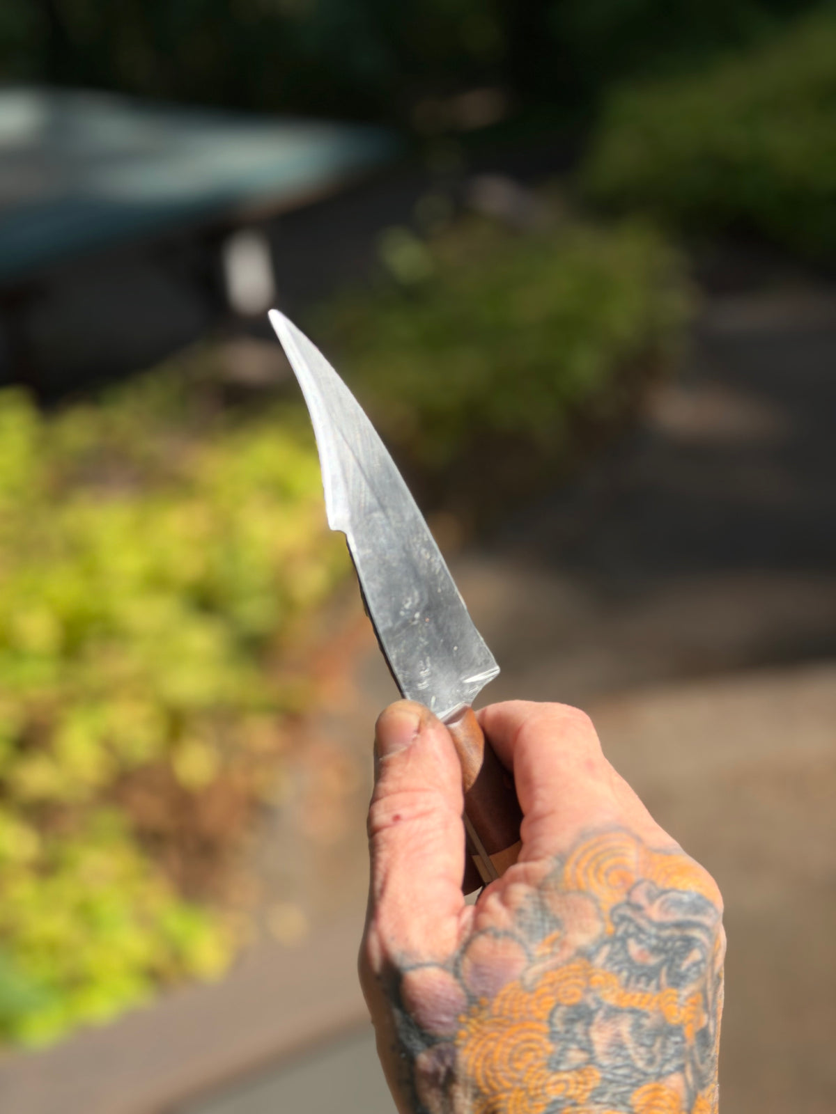 A hand with orange and blue tattoos holds a small, curved silver knife blade against a blurred outdoor background of greenery and a path.